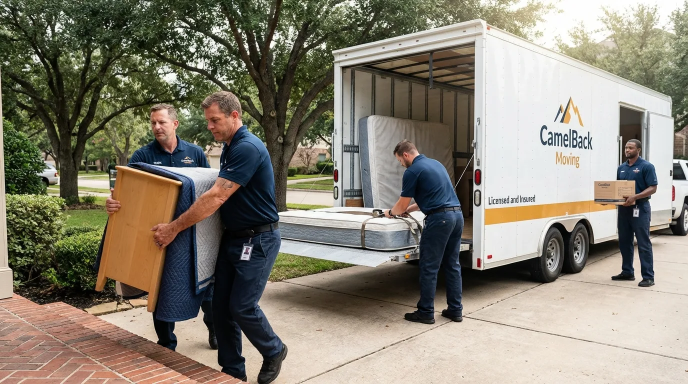 Crew loading residential truck for cross-state move from Brownfield, ME