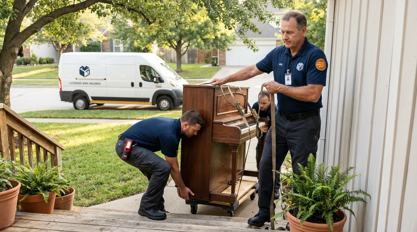 Licensed piano movers securing grand piano in Brownfield, ME