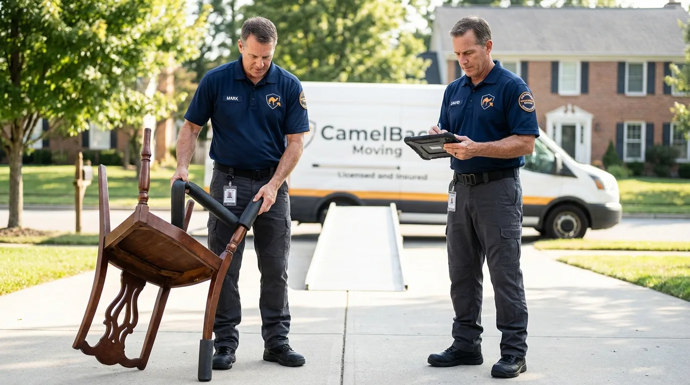 Movers inspecting furniture for damage prevention before loading in Brownfield, ME
