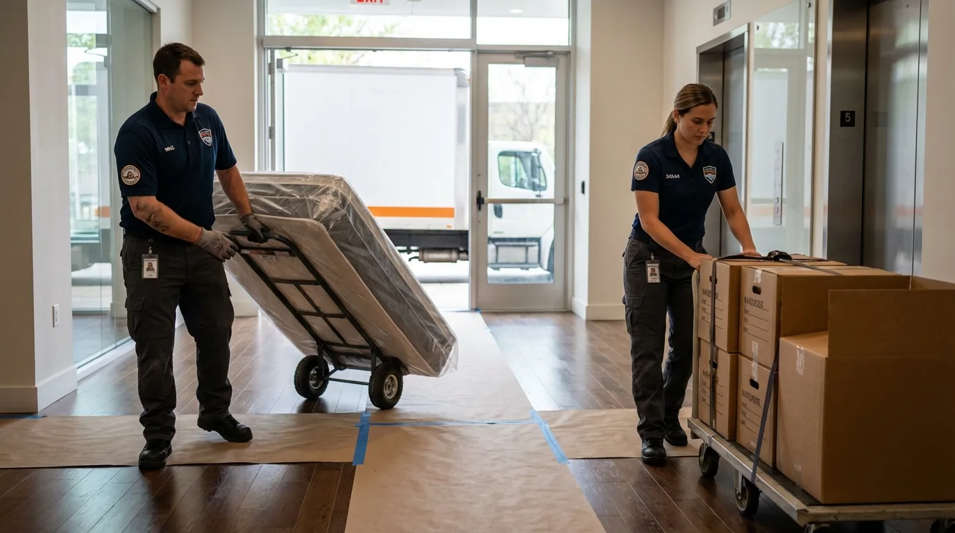 Professional apartment movers loading elevator in Brownfield, ME