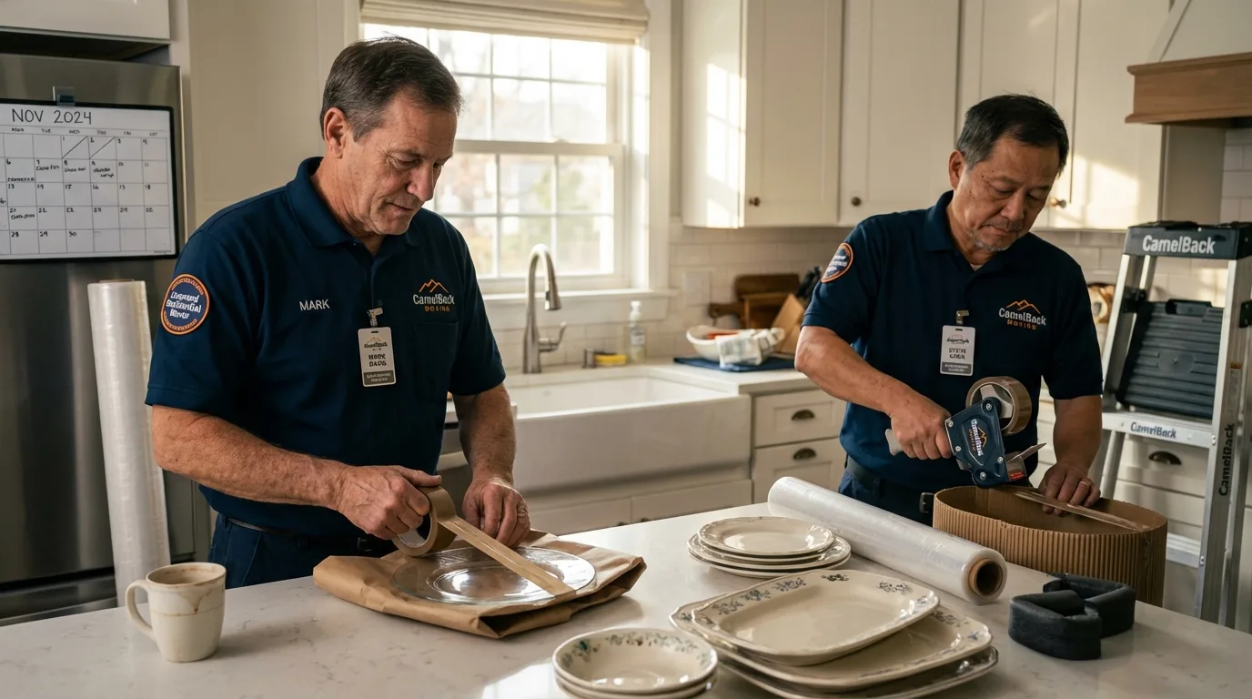 Professional crew packing kitchen dishware in Brownfield, ME